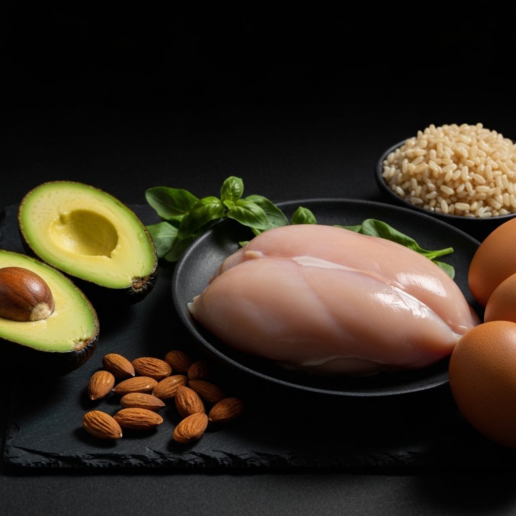 Macronutrient-rich whole foods including proteins, grains and fats on a dark surface