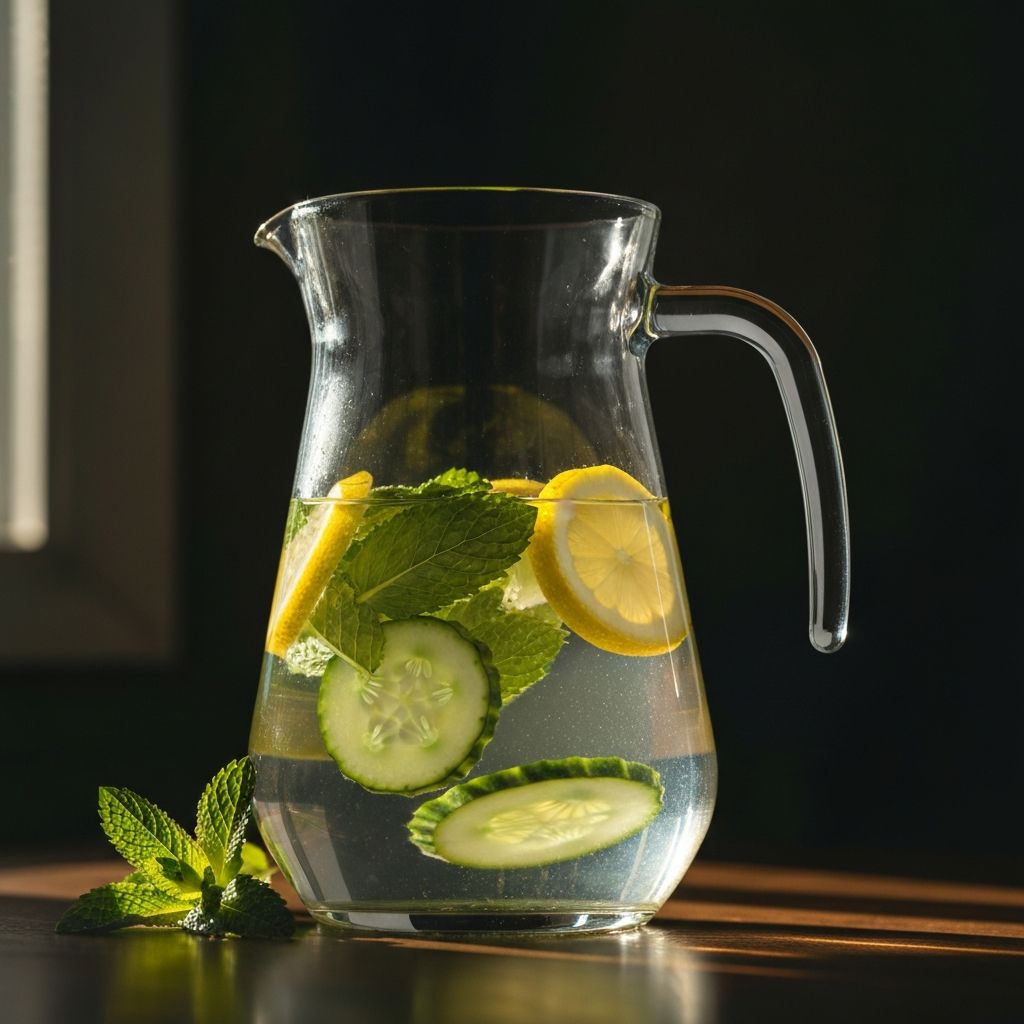 Glass pitcher with water, cucumber and fresh herbs representing hydration