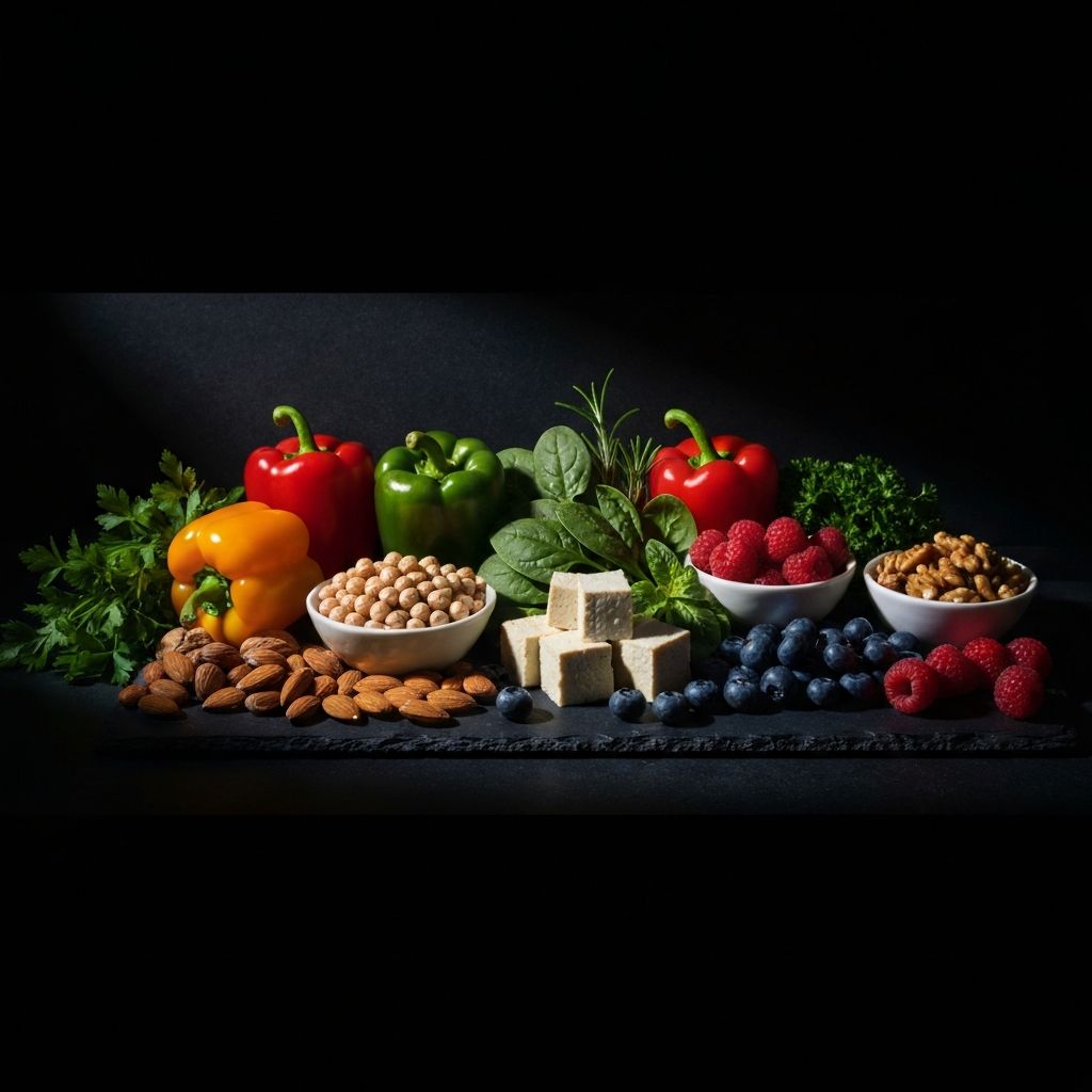 Vibrant plant-based whole foods including vegetables, legumes and nuts on a dark slate