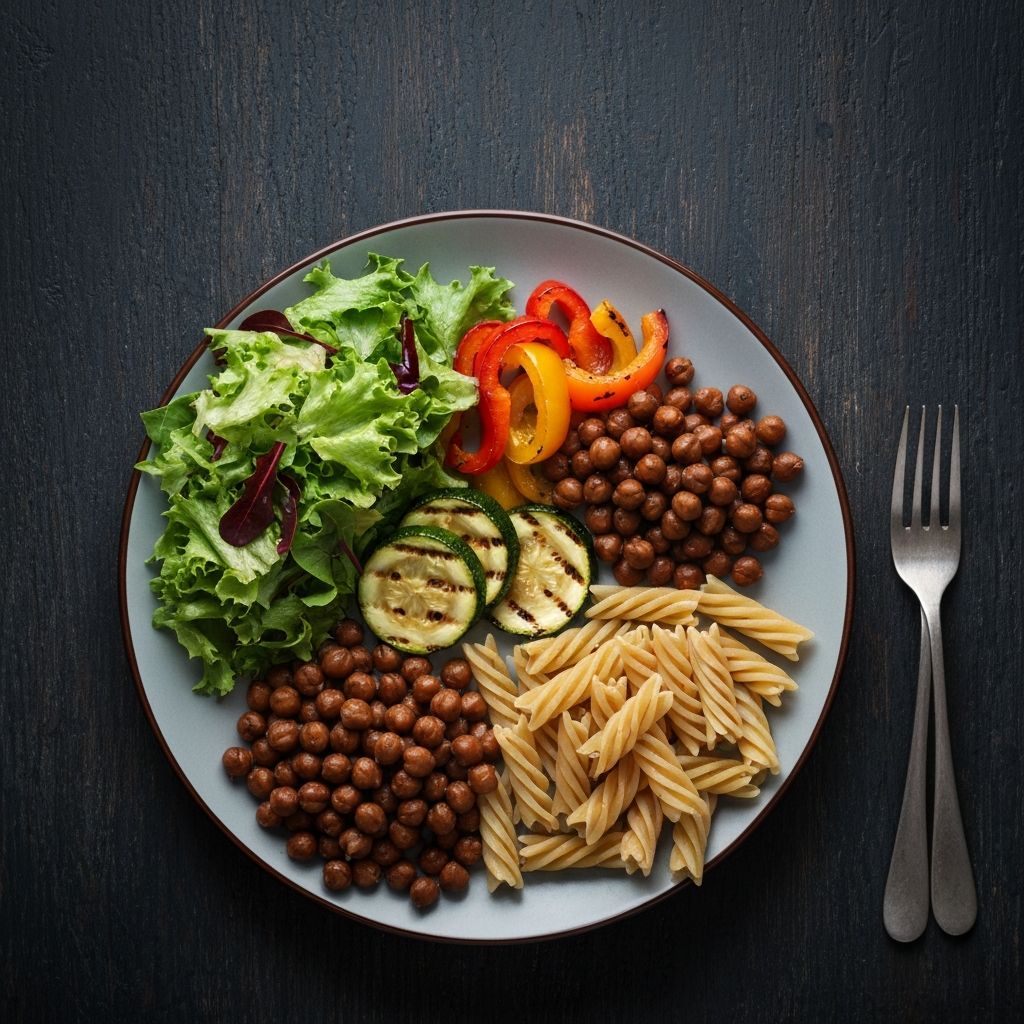 A balanced plate of colourful whole foods representing nutritional variety